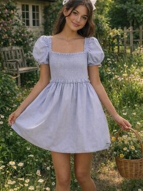 Aritzia Sunday best mini dress S striped blue/white smocked puff sleeves cottage